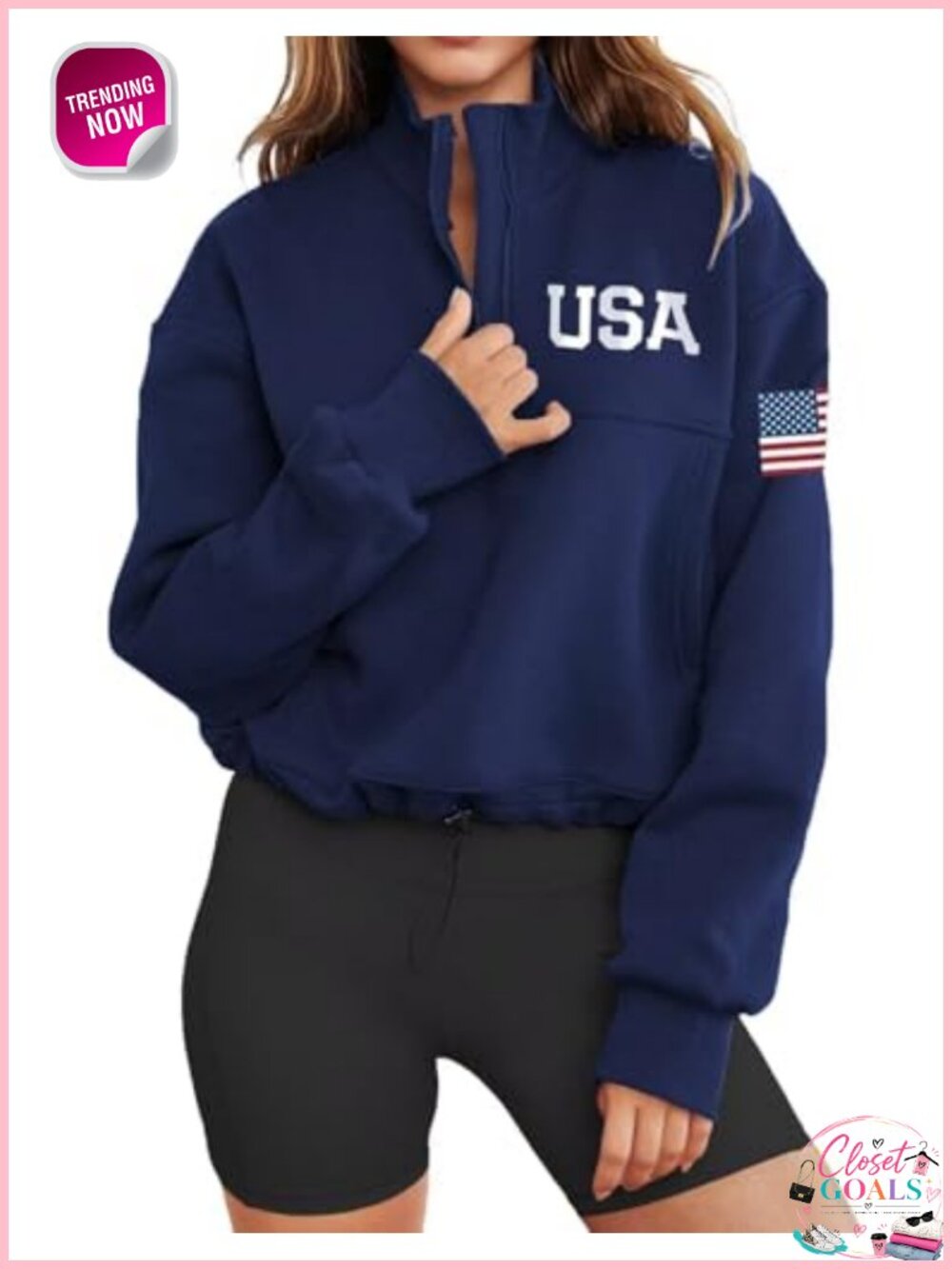 Long Sleeve American Flag Half Zip Sweatshirt Womens USA Patriotic Pullover